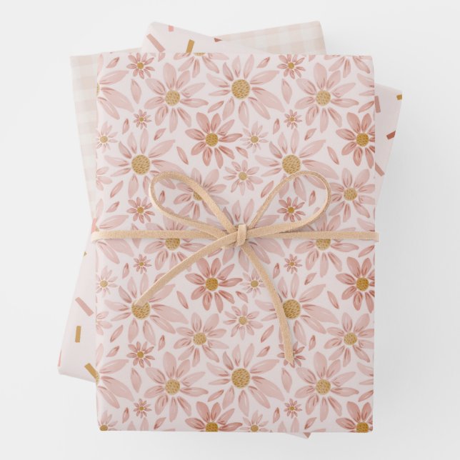 Wild Daisy Boho Floral, Gingham and Confetti Wrapping Paper Sheet (In situ)
