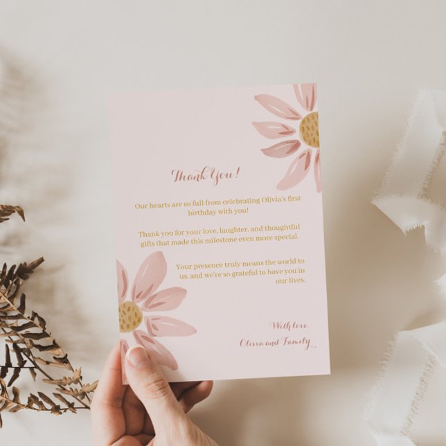 Wild Daisy First Birthday, Boho Floral Theme Thank You Card (Creator Uploaded)