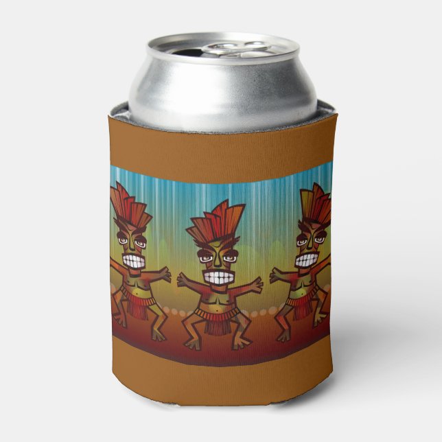 Wild Dancing Tiki Men Tropical Beach Hawaiian Fun Can Cooler (Can Front)