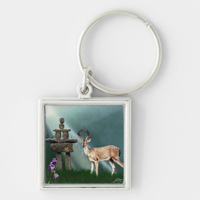 Wild Deer & Inukshuk Wilderness Gift Item Key Ring (Front)