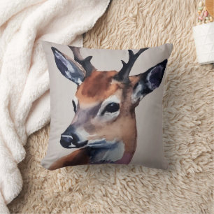 Wild Deer Portrait Watercolor Painting, Deer Cushion