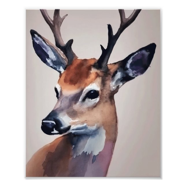 Wild Deer Portrait Watercolor Painting, Deer Photo Print (Front)
