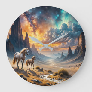 Wild Desert Mare and Foal sunset landscape Large Clock