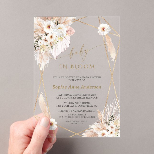 Wild Desert Roses Pampas Palm Leaves Baby Shower Acrylic Invitations (Insitu (Handheld))