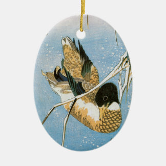 Wild Duck Swimming Snow Laden Reeds by Hiroshige Ceramic Tree Decoration