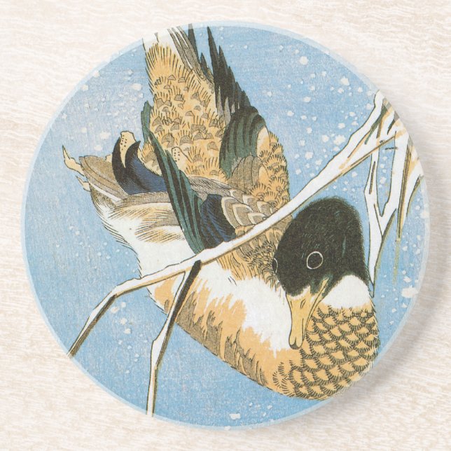 Wild Duck Swimming Snow Laden Reeds by Hiroshige Coaster (Front)
