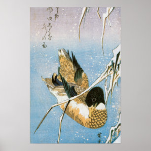Wild Duck Swimming Snow Laden Reeds by Hiroshige Poster