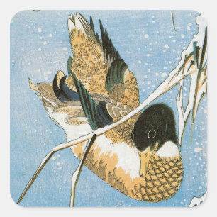 Wild Duck Swimming Snow Laden Reeds by Hiroshige Square Sticker