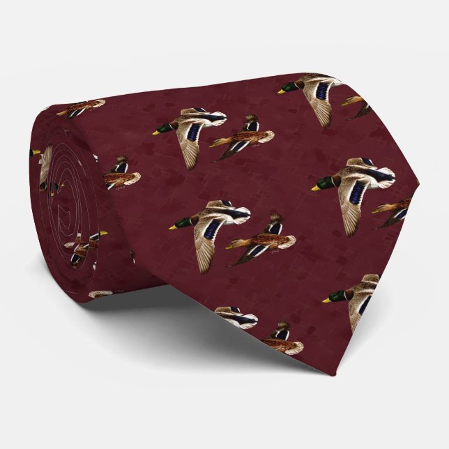 Wild Ducks in Flight Maroon Tie (Rolled)