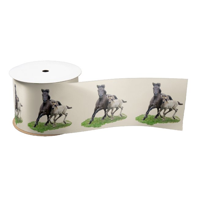 Wild Dulmen Horse Mare with Cute Foal Gallop Photo Satin Ribbon (Spool)