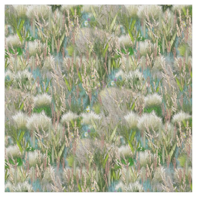 Wild Eco-friendly Flowers & Grasses in Spring  Fabric (Close Up)