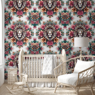 Wild Elegance: Lion & Blooming Vines Wallpaper