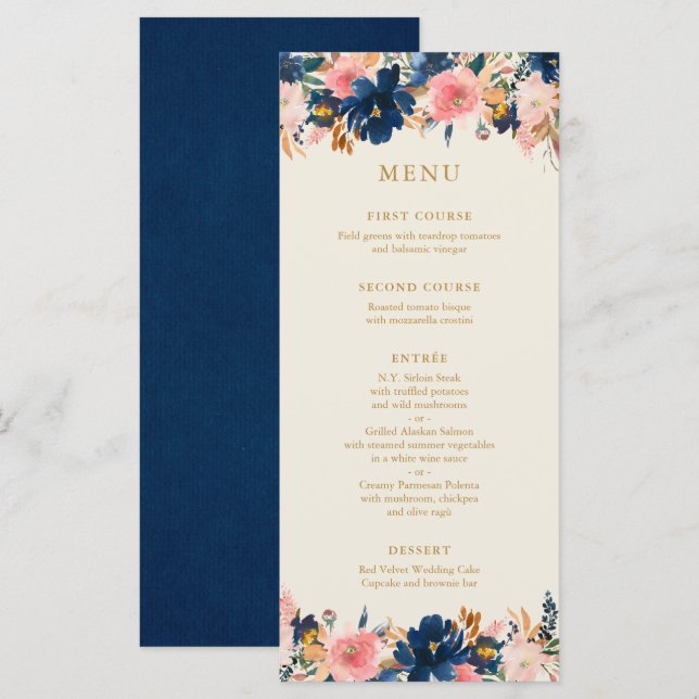 Wild Elegance | Navy Blush & Gold Floral Menu (Front/Back)