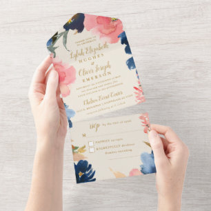 Wild Elegance   Navy Blush & Gold Wedding All In One Invitation