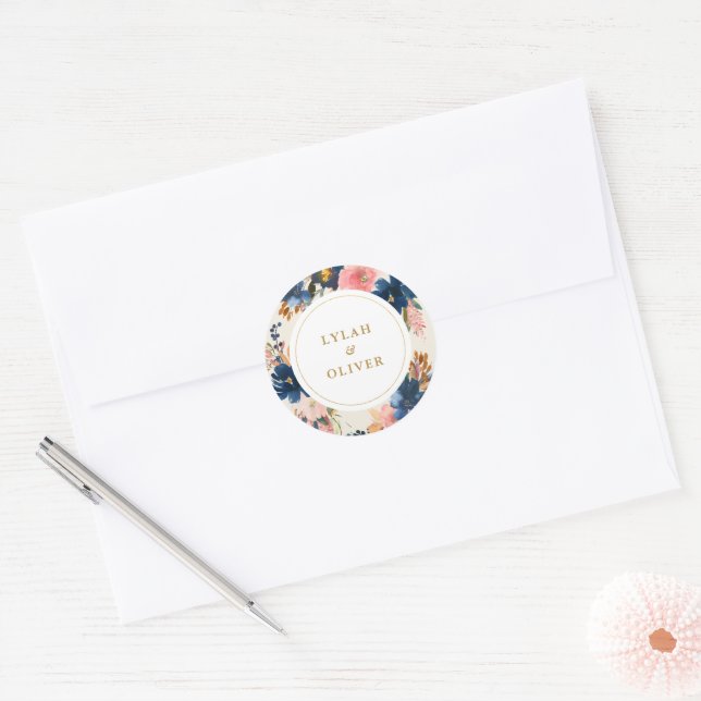 Wild Elegance | Navy Blush & Gold Wedding Classic Round Sticker (Envelope)