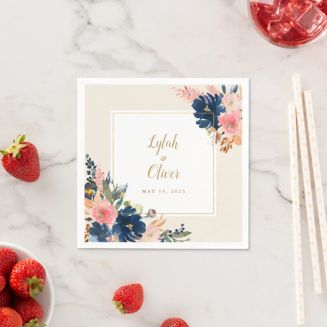 Wild Elegance | Navy Blush & Gold Wedding Napkin (Insitu)