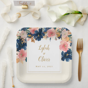 Wild Elegance   Navy Blush & Gold Wedding Paper Plate