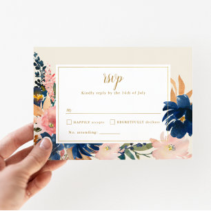 Wild Elegance Navy Blush & Gold Wedding RSVP Card