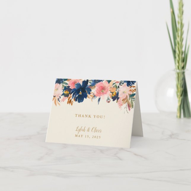 Wild Elegance | Navy Blush & Gold Wedding  Thank You Card (Front)