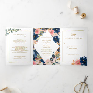 Wild Elegance   Navy Blush & Gold Wedding Tri-Fold Invitation