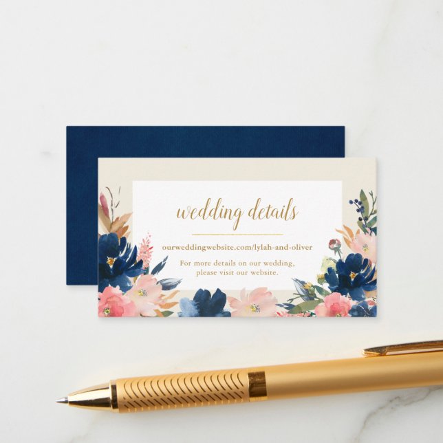 Wild Elegance | Navy Blush & Gold Wedding Website Enclosure Card (Front/Back In Situ)