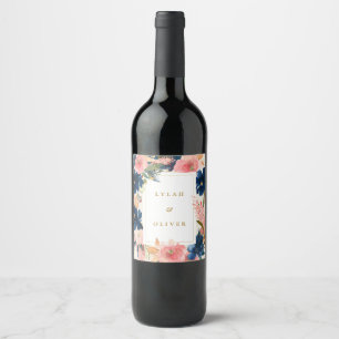 Wild Elegance   Navy Blush & Gold Wedding Wine Label