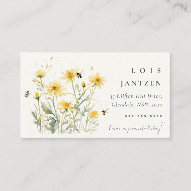 Wild Elegant Yellow Wildflowers Bee Watercolor  Business Card (Front)