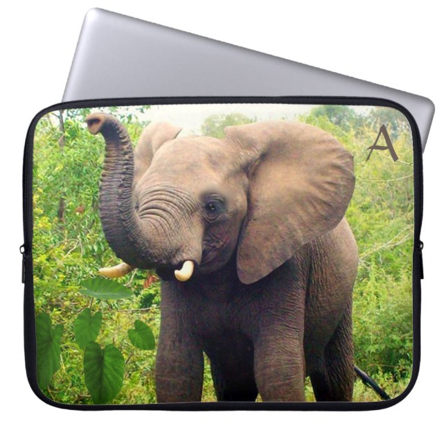 Wild elephant with tropical plants & monogram laptop sleeve (Front)