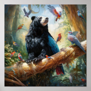Wild Encounter: Bear and Bird in Nature Poster
