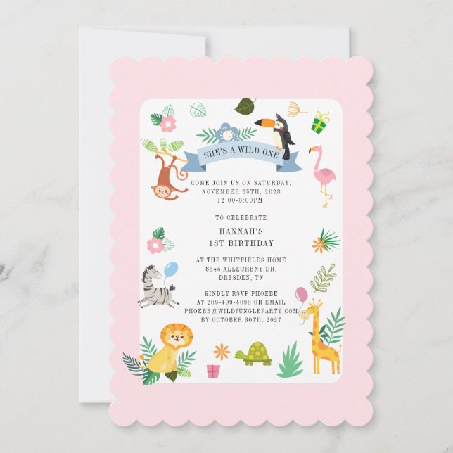 Wild Exotic Animals Girl 1st Birthday Jungle Party Invitation (Front)