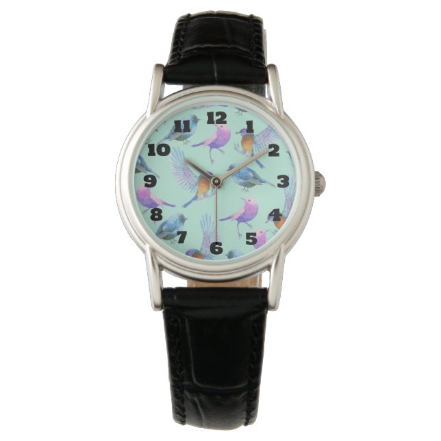 Wild Exotic Birds Colourful Watercolor Pattern Watch (Front)
