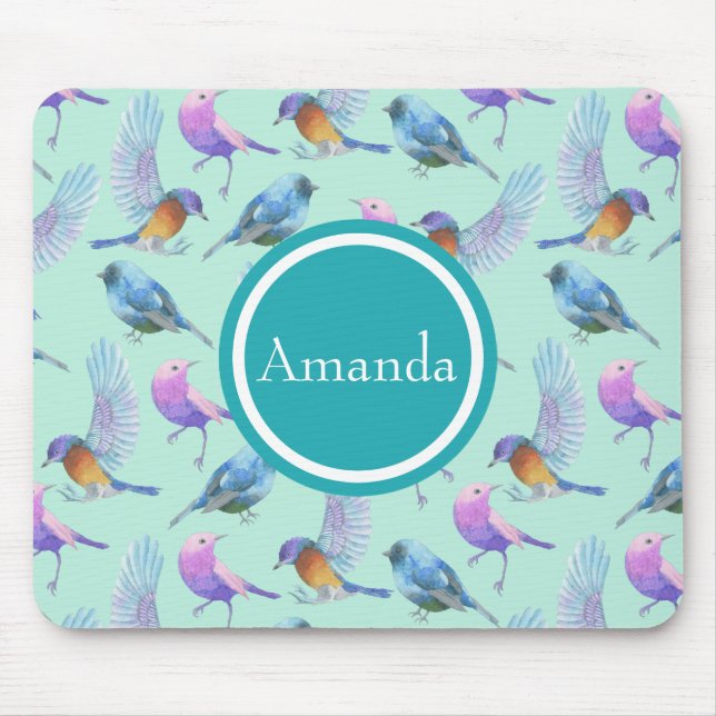 Wild Exotic Birds Watercolor Pattern Personalised Mouse Mat (Front)