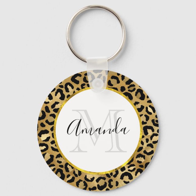 Wild & Exotic Leopard Print Pattern Monogram Key Ring (Front)