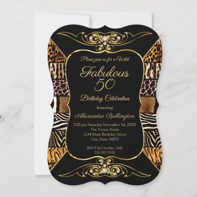 Wild Fabulous 50 Birthday Party Black Gold Animal Invitation (Front)