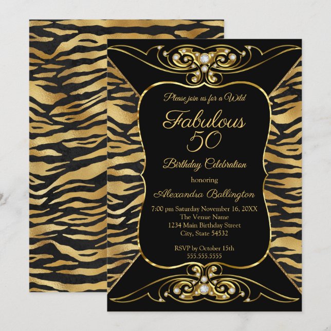 Wild Fabulous 50 Birthday Party Black Gold Tiger  Invitation (Front/Back)