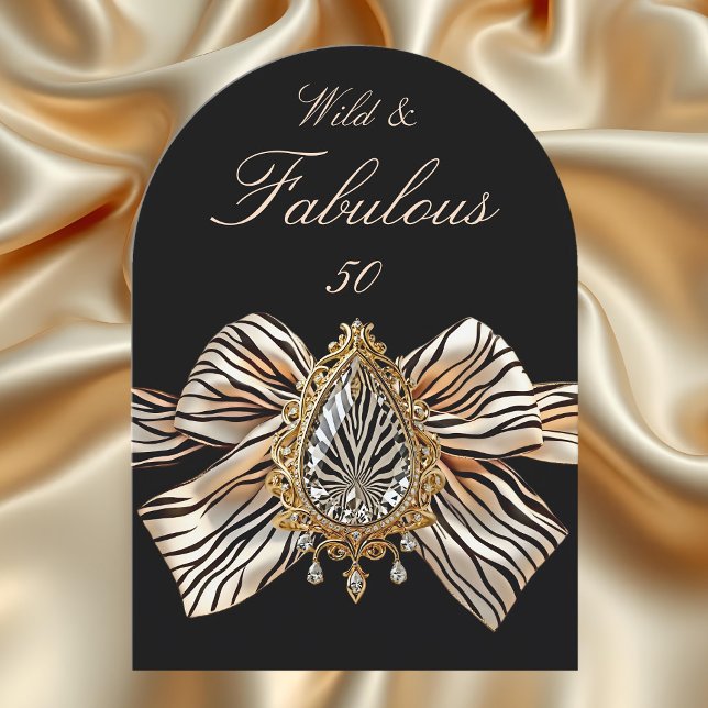 Wild Fabulous 50 Birthday Zebra Bow Gold Jewel Invitation (Creator Uploaded)