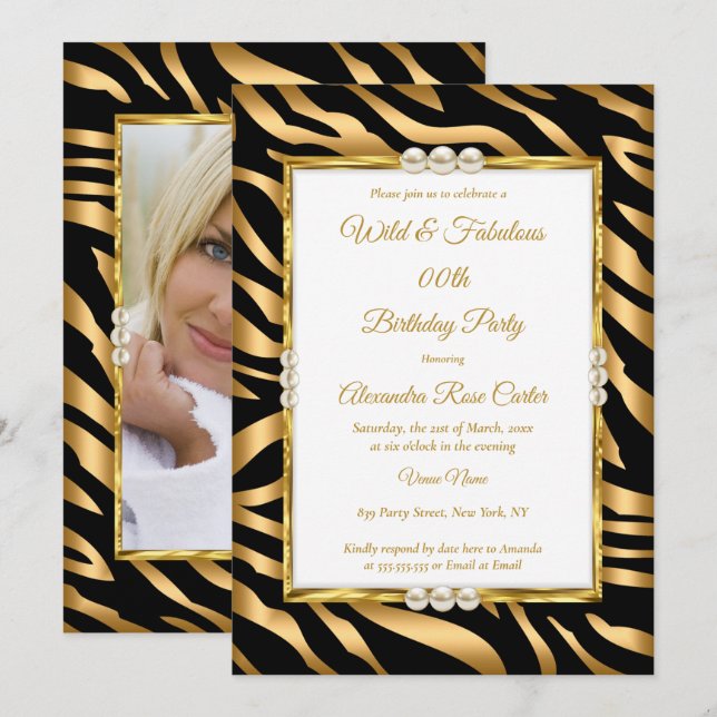 Wild & fabulous Gold Black zebra Photo Birthday Invitation (Front/Back)