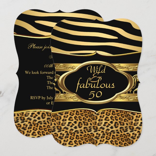 Wild Fabulous Zebra Leopard Black Gold Birthday 3 Invitation (Front/Back)