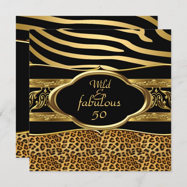 Wild Fabulous Zebra Leopard Black Gold Birthday 3 Invitation (Front/Back)