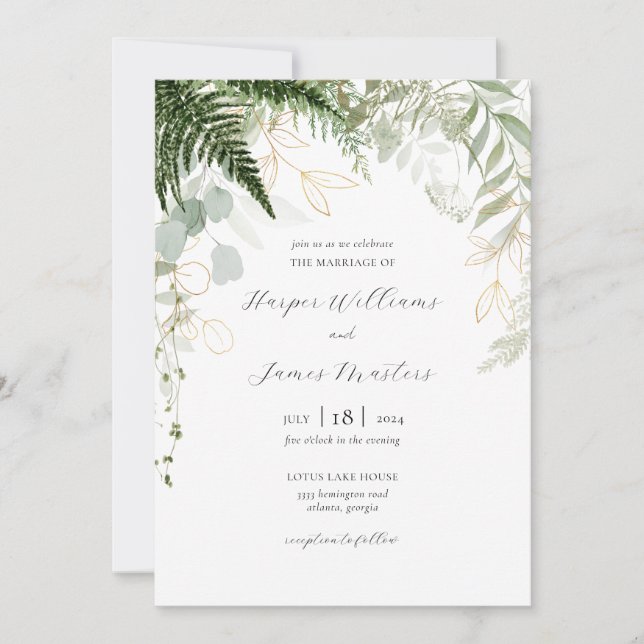 Wild Fern Greenery and Gold Wedding Invitation (Front)