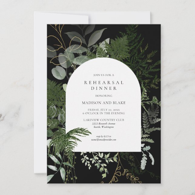 Wild Fern Greenery Black Wedding Rehearsal Dinner Invitation (Front)
