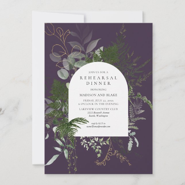 Wild Fern Greenery Purple Wedding Rehearsal Dinner Invitation (Front)
