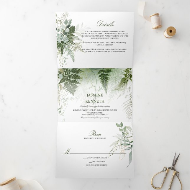 Wild Ferns Succulents Eucalyptus Greenery Wedding Tri-Fold Invitation (Inside)
