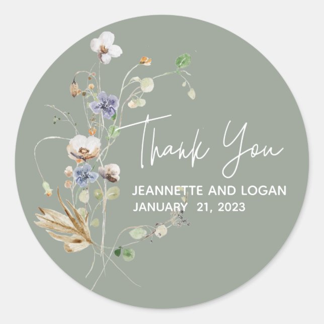 Wild Field Flower Wedding Thank you  Classic Round Sticker (Front)