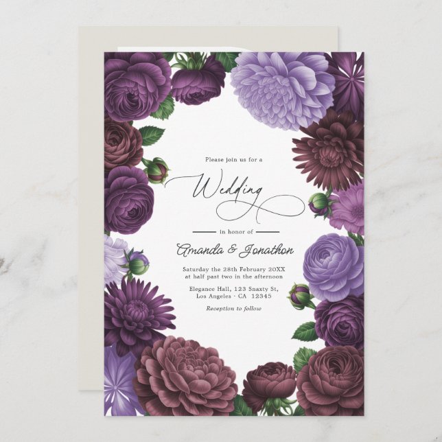 Wild Fig, Cocoa Rose & Soft Lavender Wedding Invitation (Front/Back)