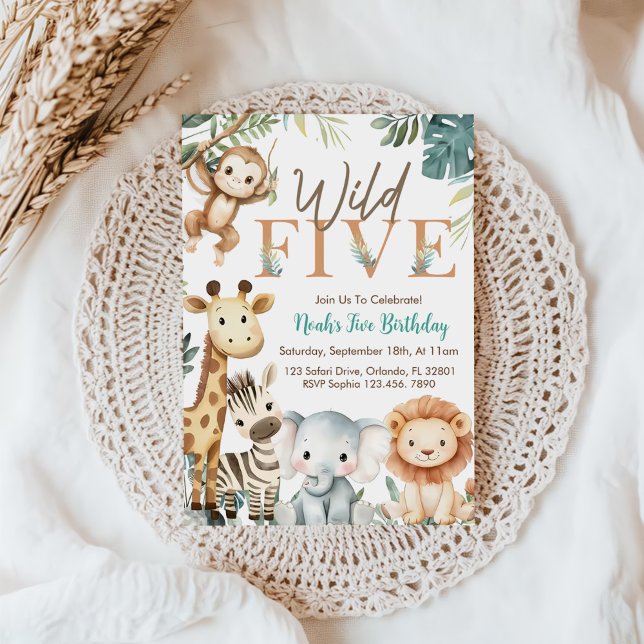 Wild Five Safari Animals Boy Birthday Party Invitation (Creator Uploaded)