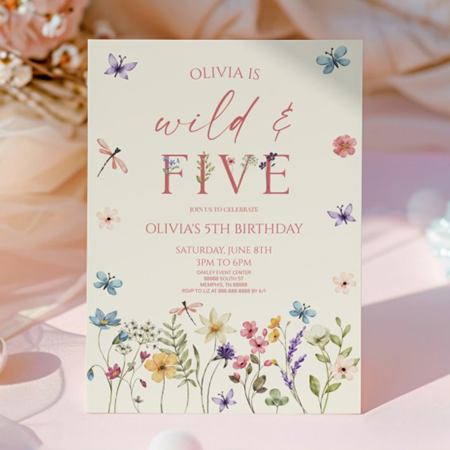 Wild & Five Wildflower Floral 5th Birthday Party Invitation (Creator Uploaded)