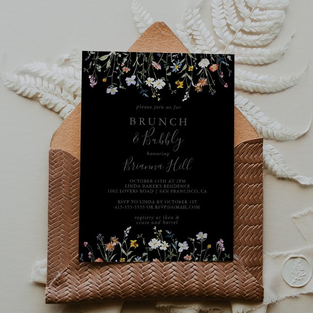 Wild Floral Black Brunch Bubbly Bridal Shower Invitation (Creator Uploaded)