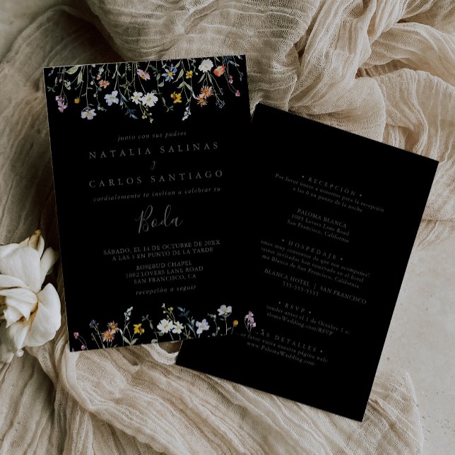 Wild Floral Black Spanish Front Back Wedding Invitation (Creator Uploaded)