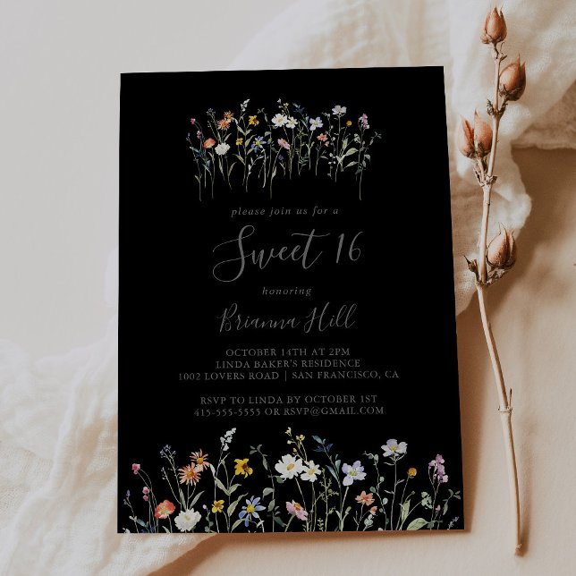 Wild Floral Black Sweet 16 Birthday Party Invitation (Creator Uploaded)